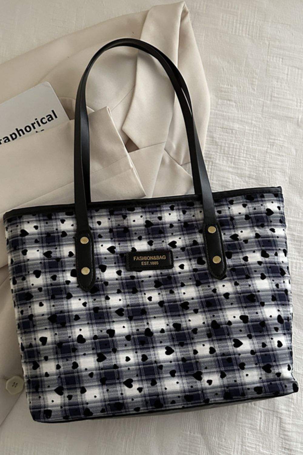 Heart Plaid PU Leather Strap Tote Bag - Trendsi - Flyclothing LLC
