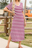 Casual Striped V-Neck Midi T-Shirt Dress - Trendsi - Flyclothing LLC