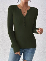 Ribbed Knit Button Front Knit Top - Trendsi - Flyclothing LLC
