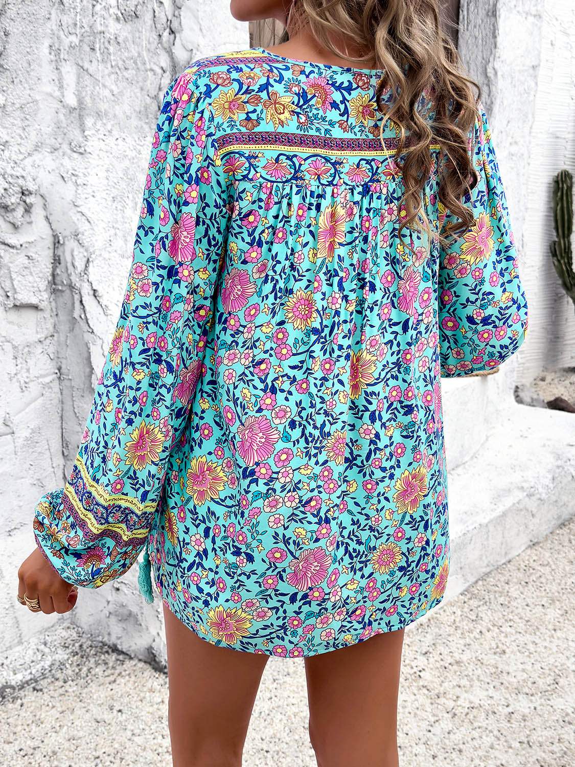 Printed Tie Neck Long Sleeve Blouse - Trendsi - Flyclothing LLC