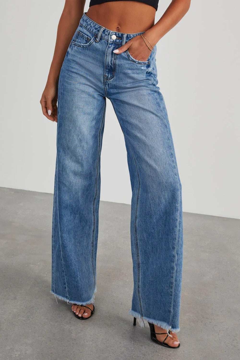 Raw Hem Wide Leg Jeans with Pockets - Trendsi - Flyclothing LLC