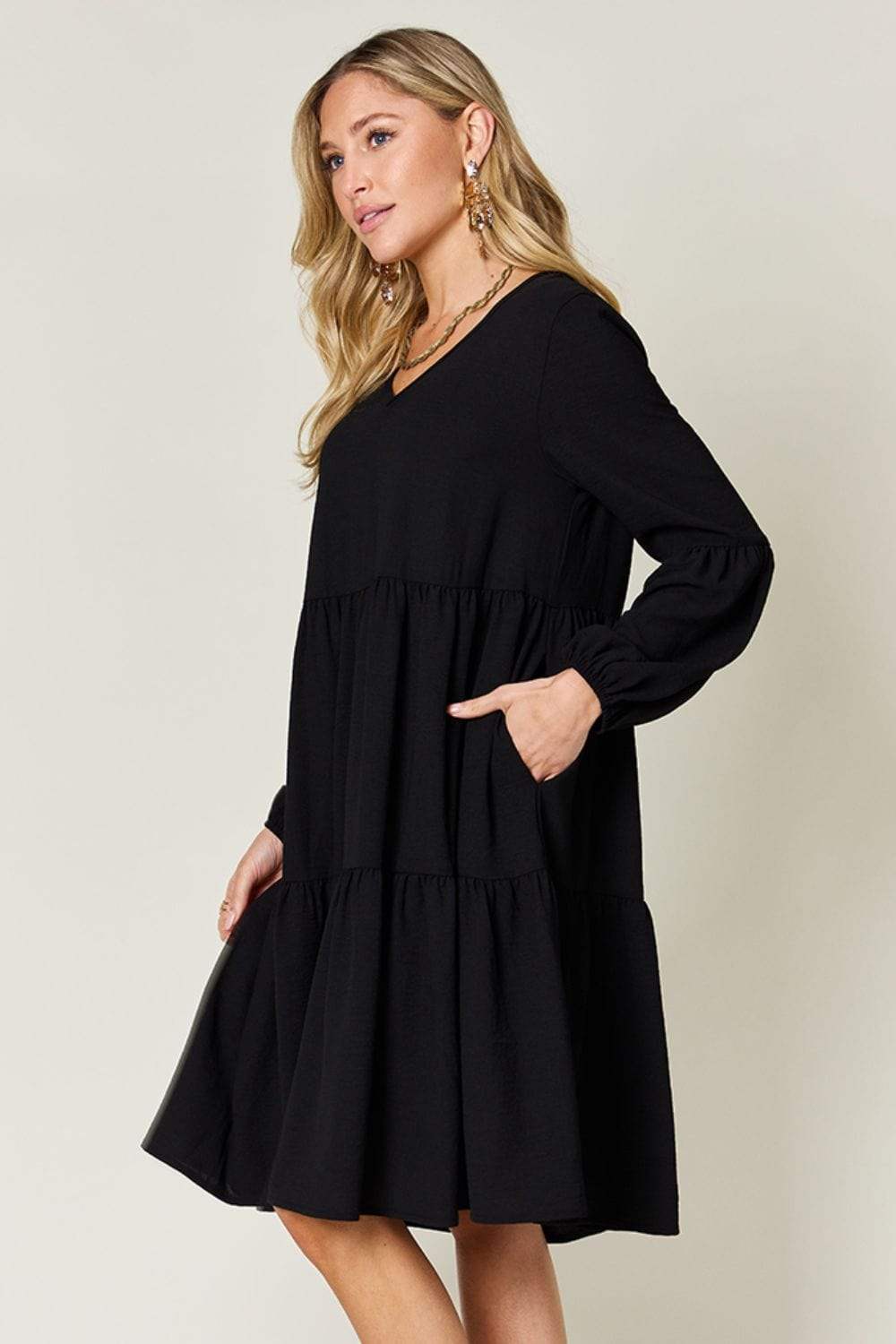 Double Take Full Size V-Neck Balloon Sleeve Tiered Dress - Trendsi - Flyclothing LLC