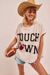BiBi Game Day Touchdown Letter Patches Waffle Short Top - Trendsi - Flyclothing LLC