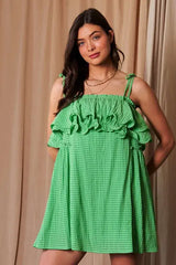 Davi & Dani Textured Jacquard Checker Fabric Ruffled Dress - Trendsi - Flyclothing LLC