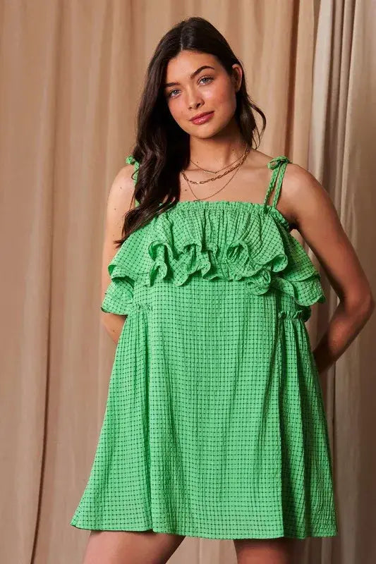 Davi & Dani Textured Jacquard Checker Fabric Ruffled Dress - Trendsi - Flyclothing LLC