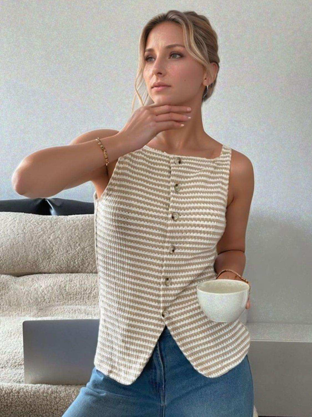 Button Down Striped Tank - Trendsi - Flyclothing LLC