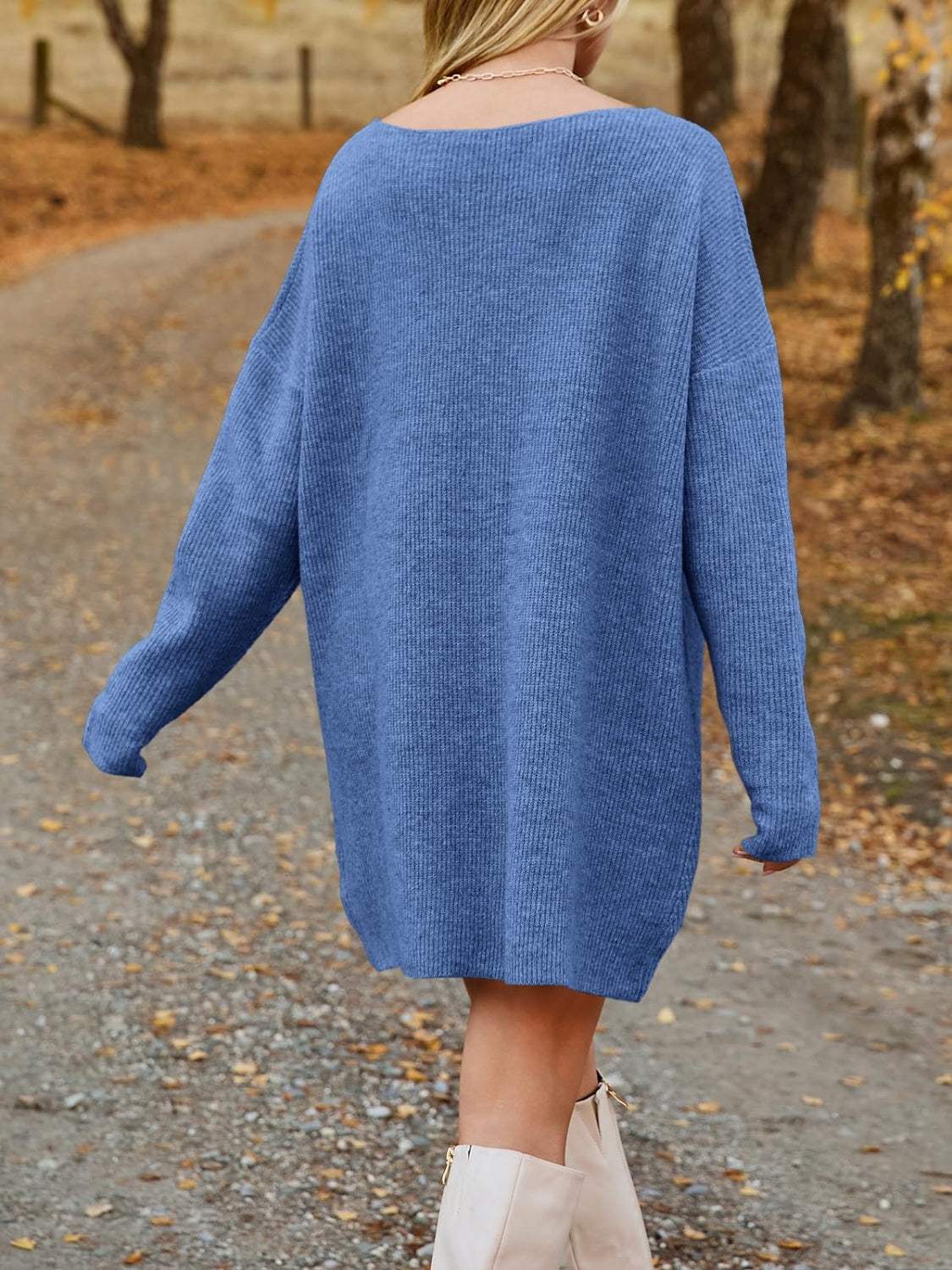 V-Neck Dropped Shoulder Sweater Dress - Trendsi - Flyclothing LLC