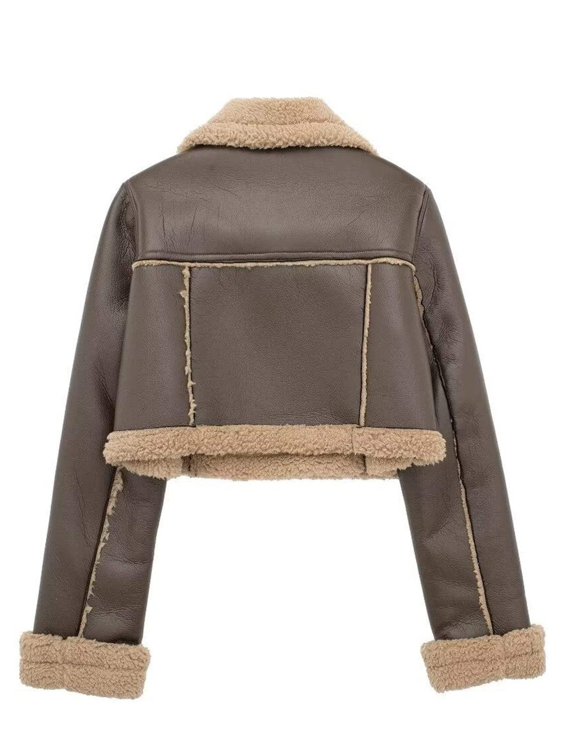 Collared Neck Long Sleeve Plush Cropped Jacket - Trendsi - Flyclothing LLC