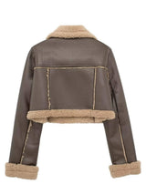 Collared Neck Long Sleeve Plush Cropped Jacket - Trendsi - Flyclothing LLC
