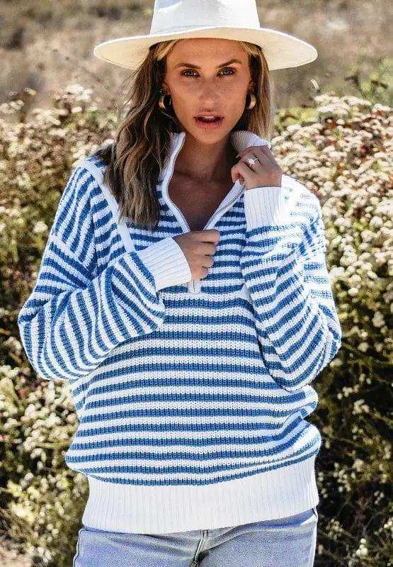 Striped Half Zip Mock Neck Long Sleeve Sweater - Trendsi - Flyclothing LLC