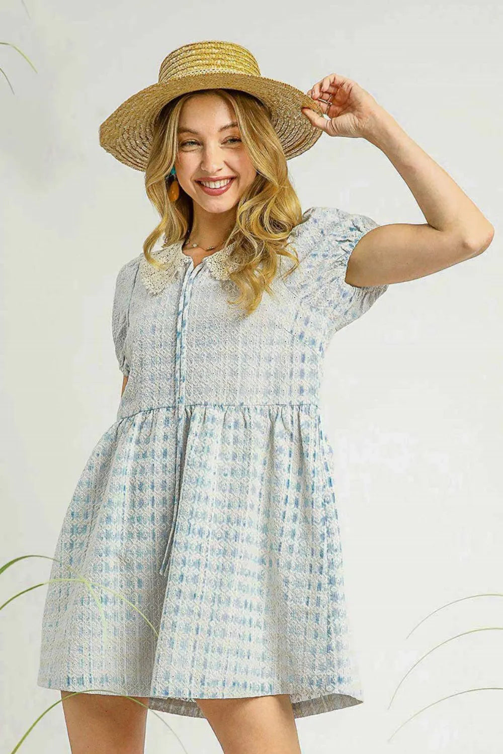 Umgee Lace Detail Short Puff Sleeve Mini Dress - Trendsi