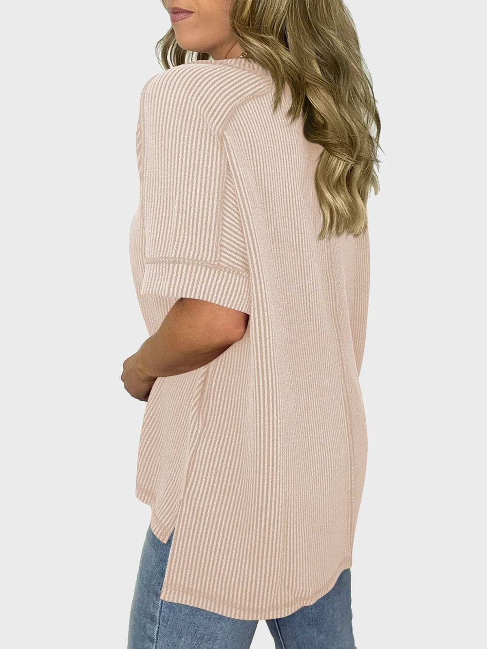 Lovelet Texture V-Neck Half Sleeve T-Shirt - Trendsi - Flyclothing LLC