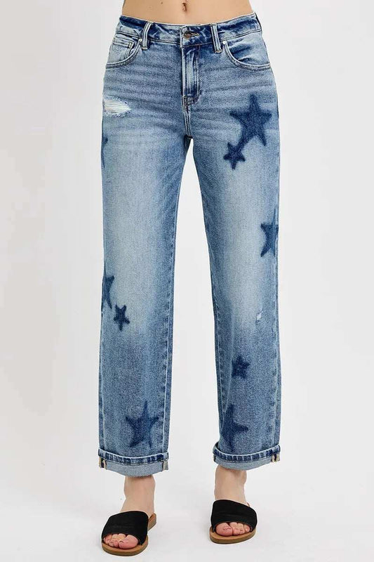 RISEN Full Size Mid Rise Boyfriend Star Shadow Detail Cuffed Jeans Plus Size - Trendsi - Flyclothing LLC
