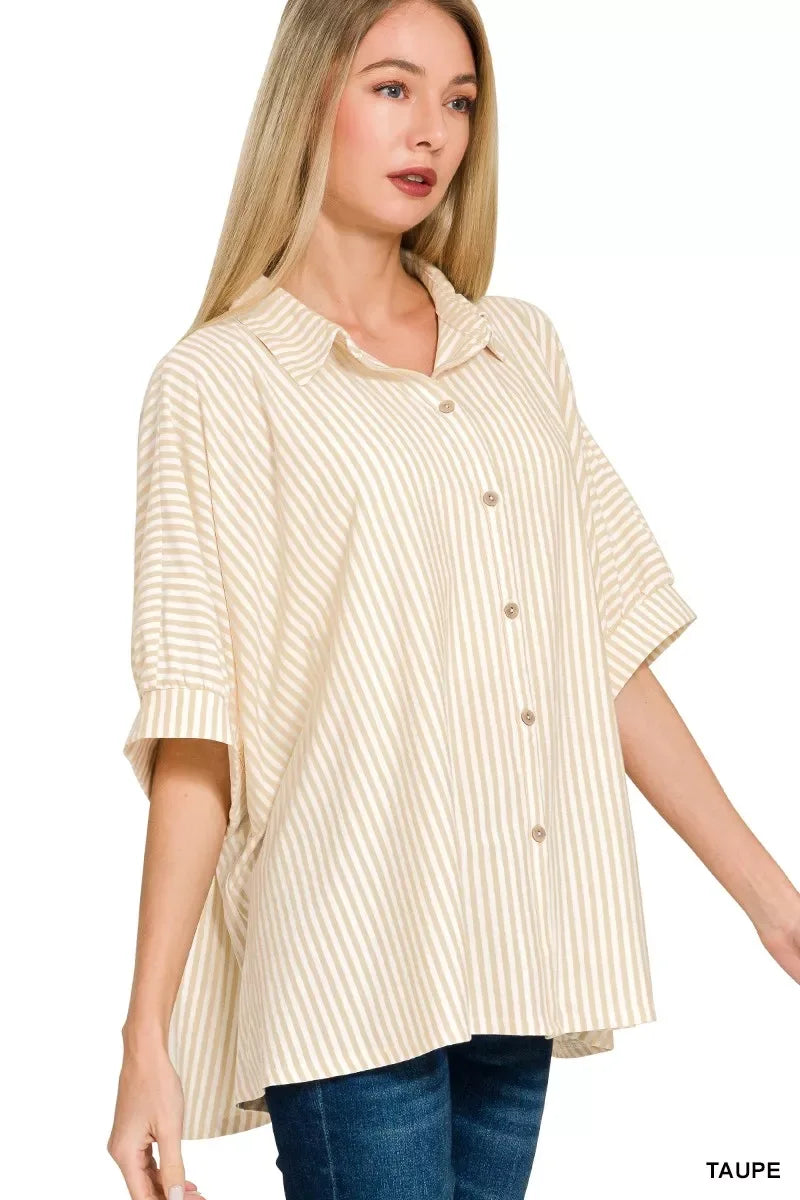 Zenana Oversized Stripe Button Down Shirt - Trendsi - Flyclothing LLC