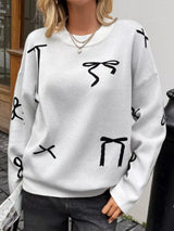 Bow Round Neck Dropped Shoulder Sweater - Trendsi - Flyclothing LLC