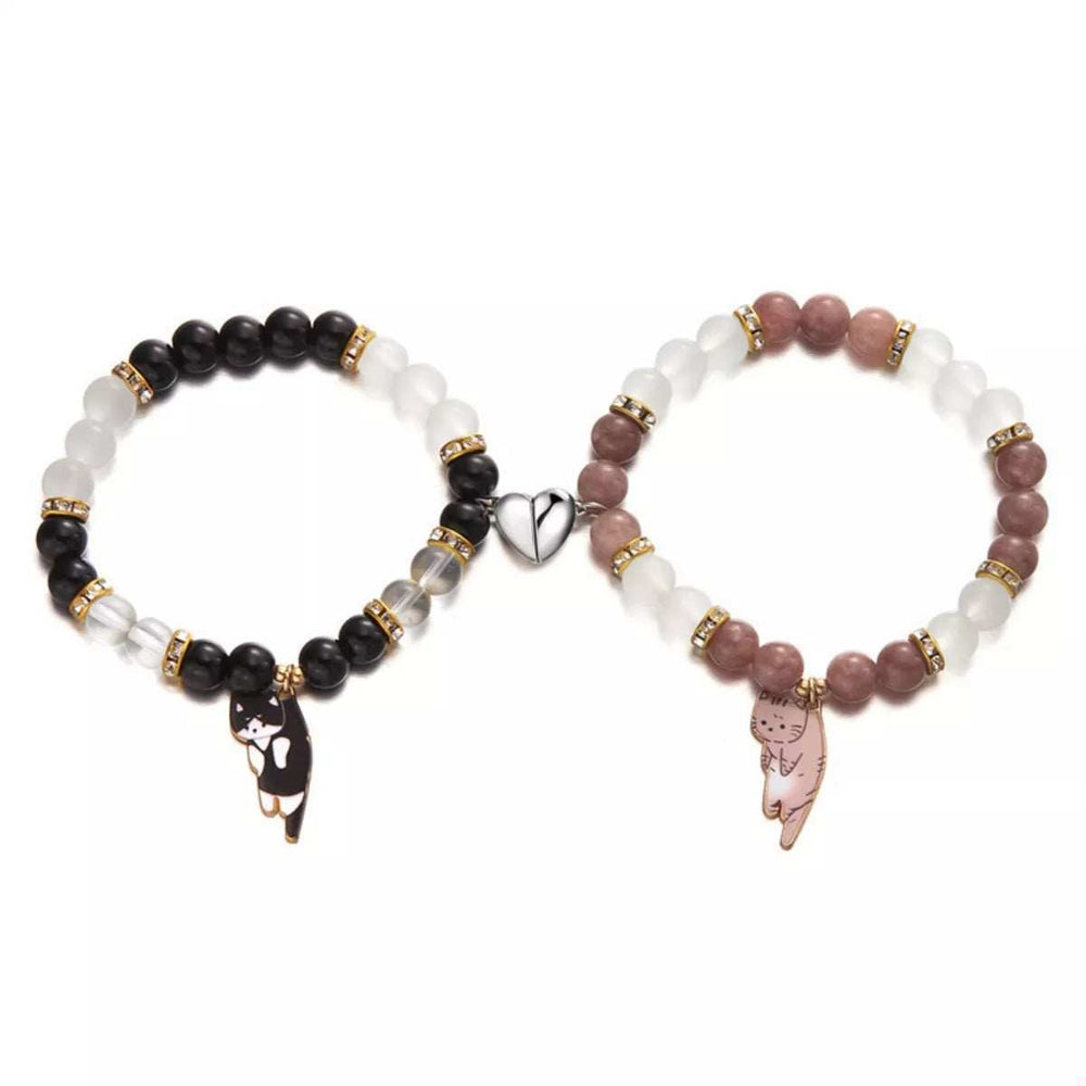 2 Piece Beaded Cat Charm Bracelet - Trendsi - Flyclothing LLC