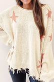 Contrast Star Raw Hem Long Sleeve Knit Top - Trendsi - Flyclothing LLC