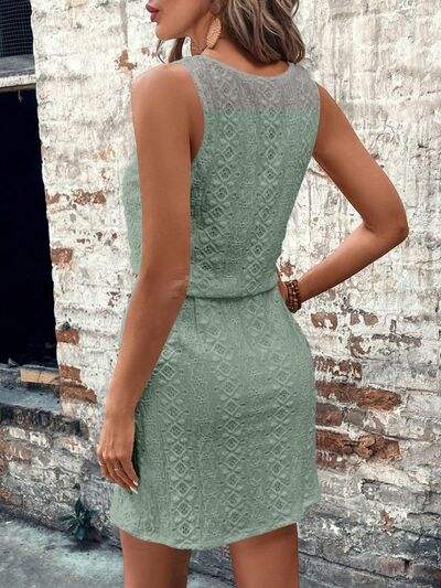 Eyelet Drawstring Round Neck Sleeveless Dress - Trendsi - Flyclothing LLC
