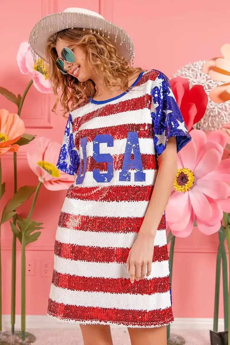 BiBi American Flag Theme Usa Print Sequin Dress - Trendsi - Flyclothing LLC