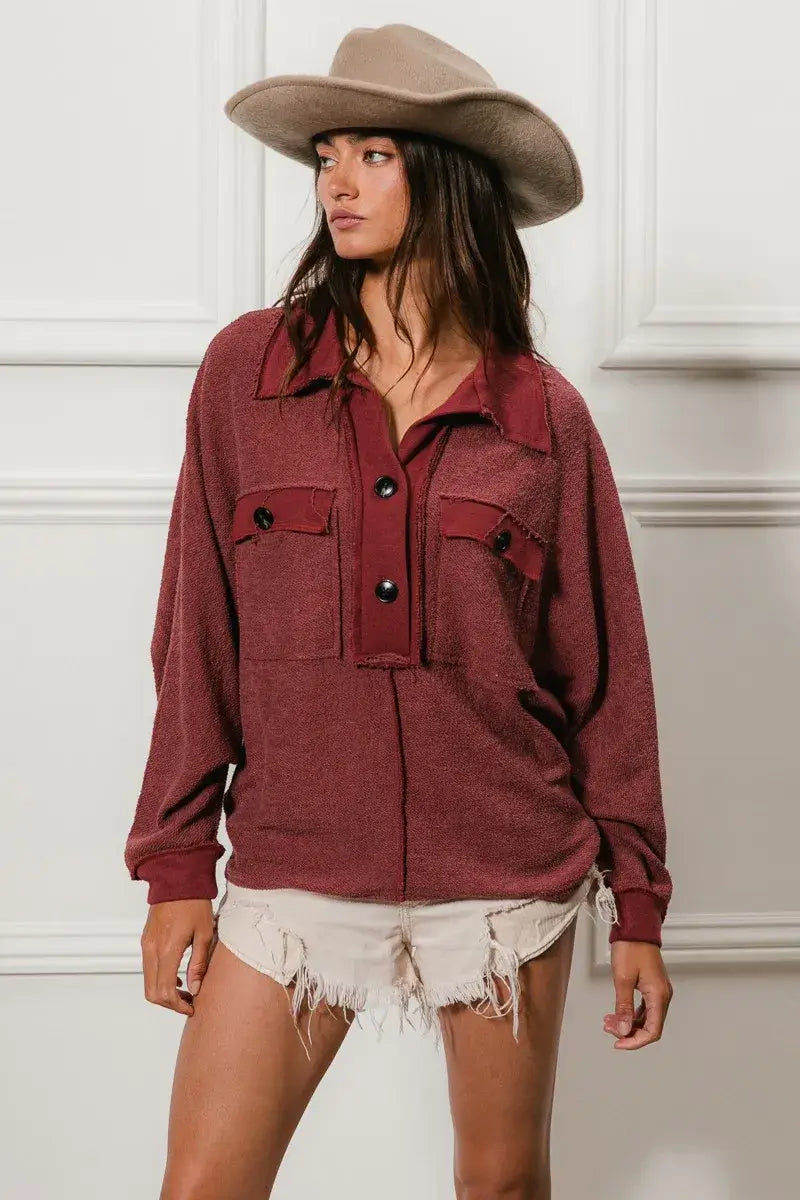BiBi Cp French Terry Cut Edge Detail Collared Top - Trendsi - Flyclothing LLC
