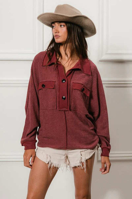 BiBi Cp French Terry Cut Edge Detail Collared Top - Trendsi - Flyclothing LLC