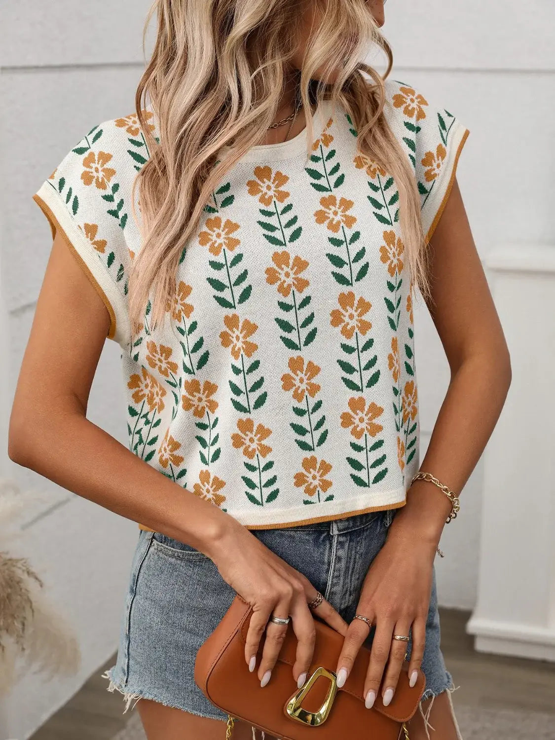 Flower Round Neck Short Sleeve Knit Top - Trendsi - Flyclothing LLC
