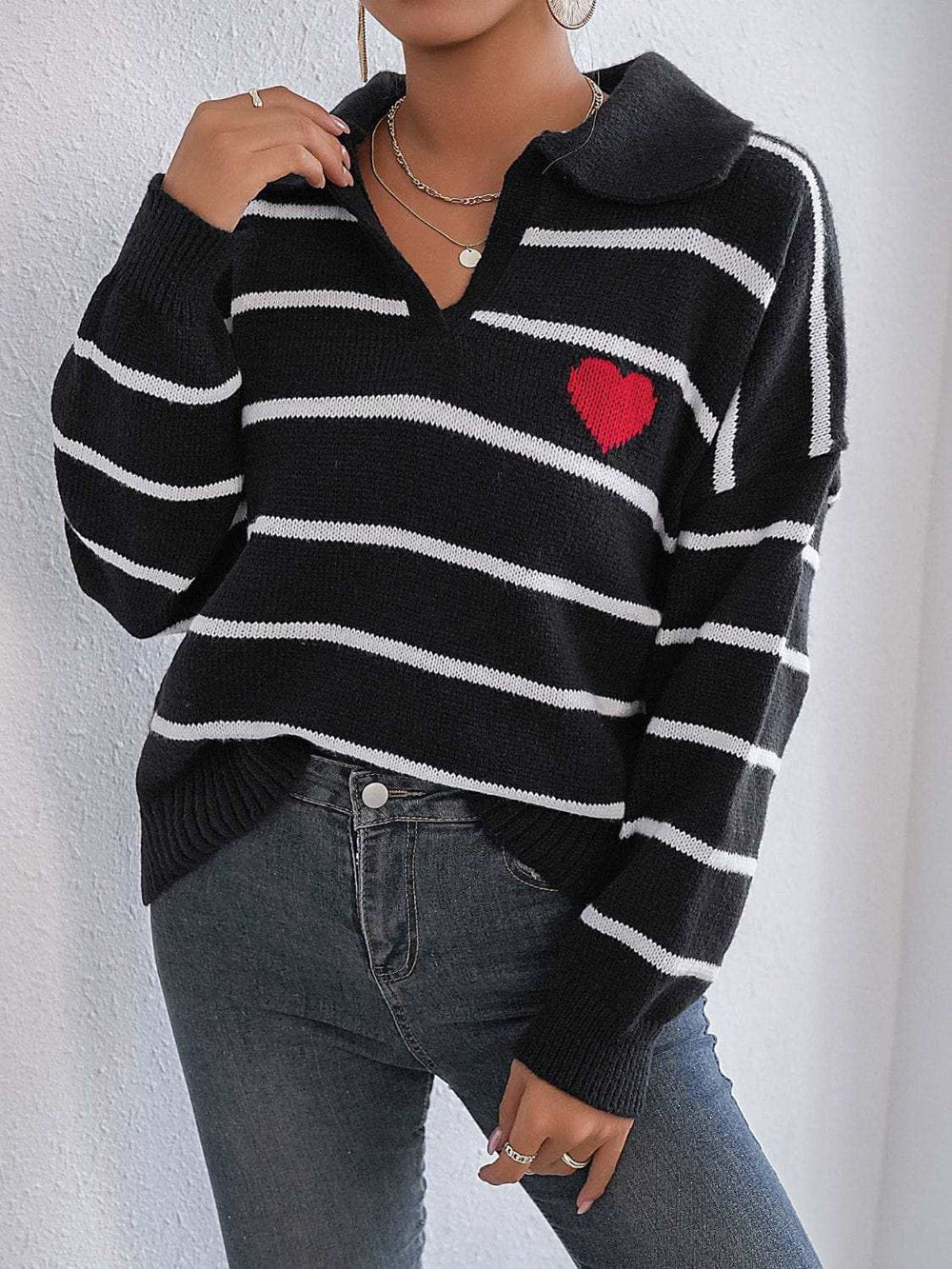 Striped Johnny Collar Long Sleeve Sweater - Trendsi - Flyclothing LLC