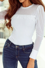 Pearl Decor Mesh Patchwork Ribbed Long Sleeve Top - Trendsi - Flyclothing LLC