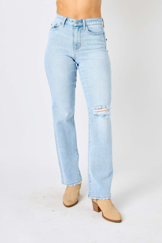 Judy Blue Full Size High Waist Distressed Straight Jeans - Trendsi