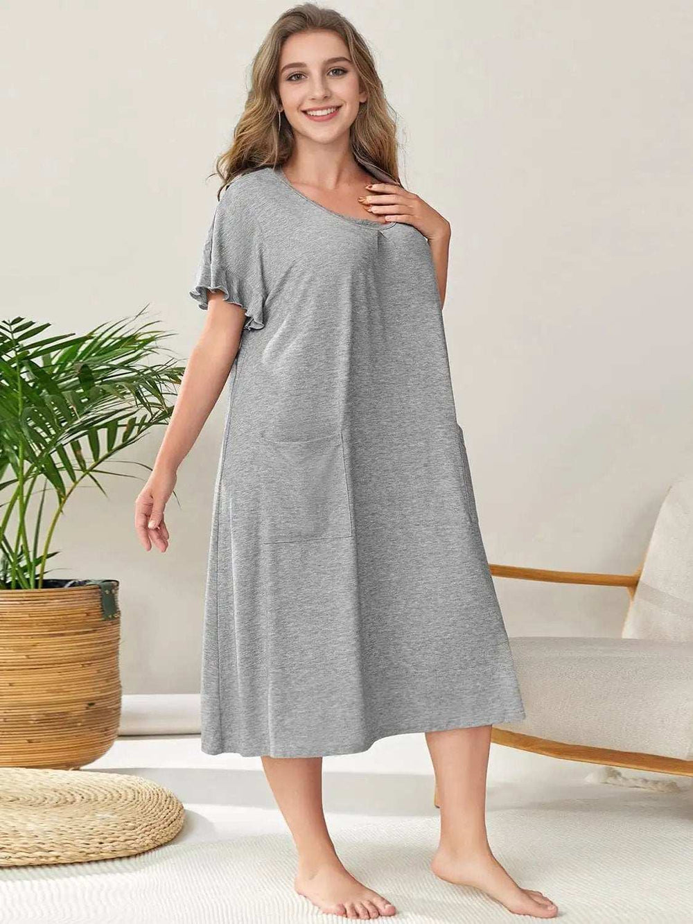 Plus Size Round Neck Short Sleeve Lounge Dress - Trendsi - Flyclothing LLC