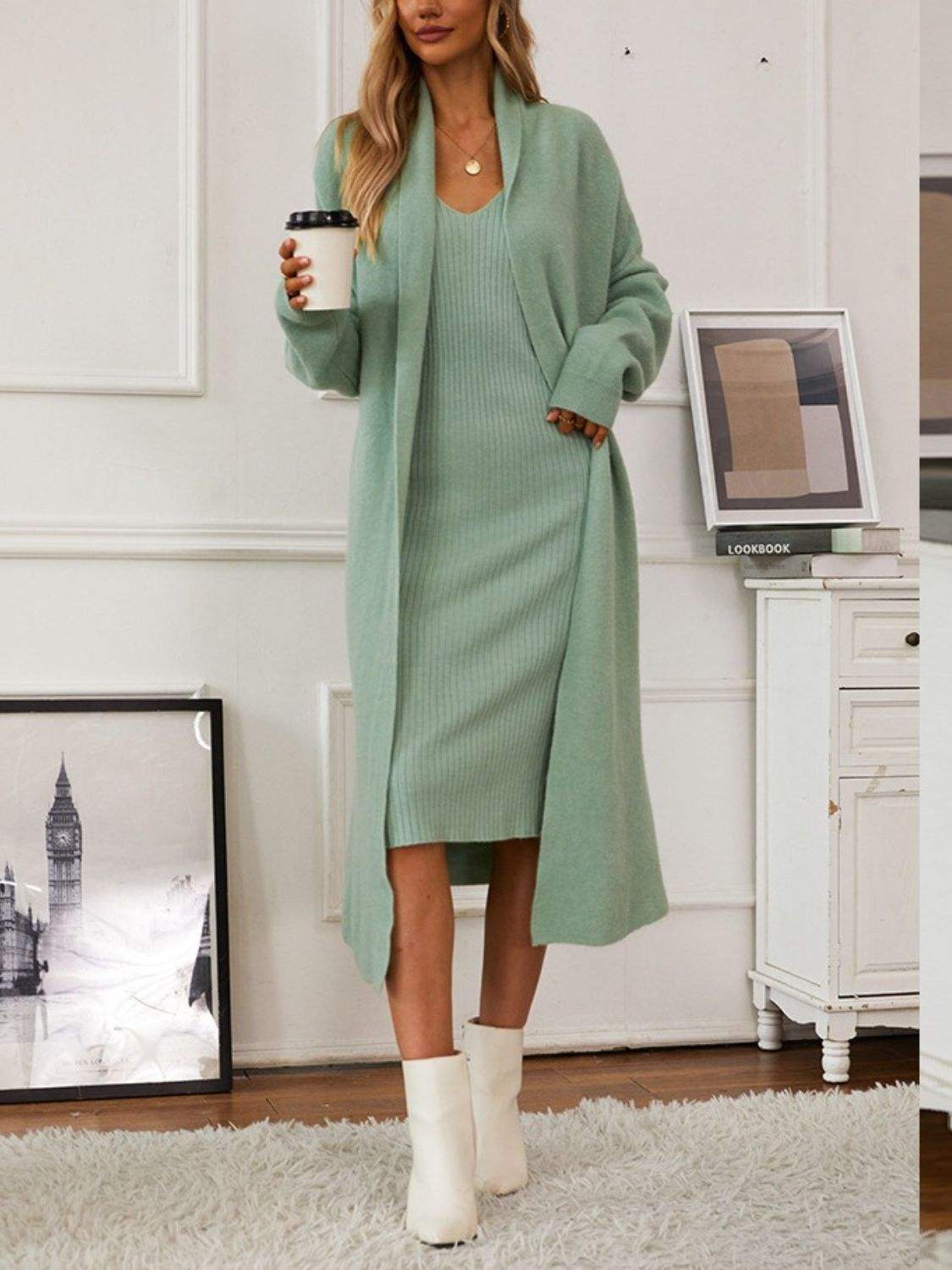V-Neck Cami Dress and Open Front Cardigan Sweater Set - Trendsi - Flyclothing LLC