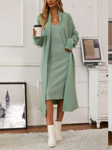 V-Neck Cami Dress and Open Front Cardigan Sweater Set - Trendsi - Flyclothing LLC