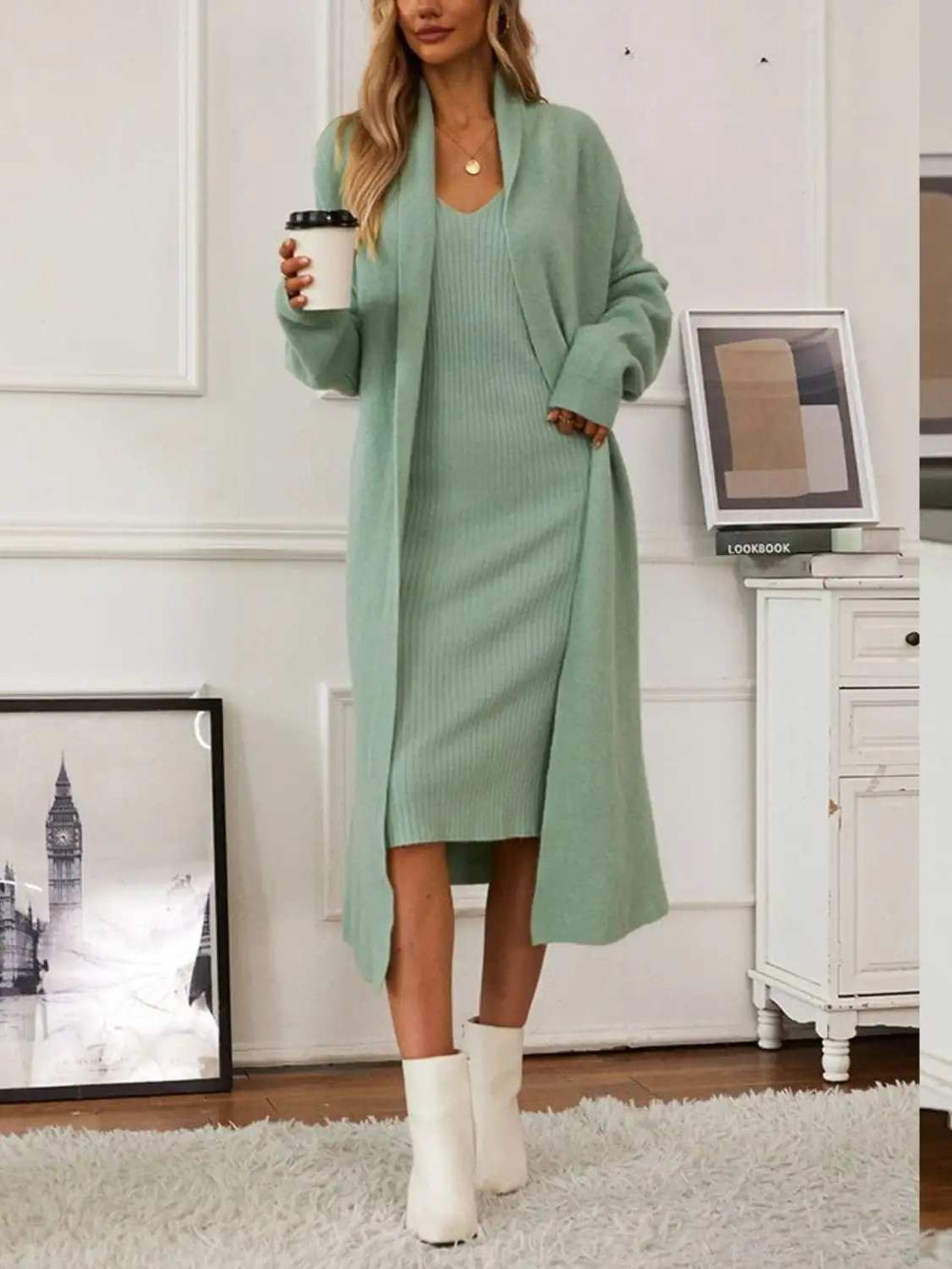 V-Neck Cami Dress and Open Front Cardigan Sweater Set - Trendsi - Flyclothing LLC