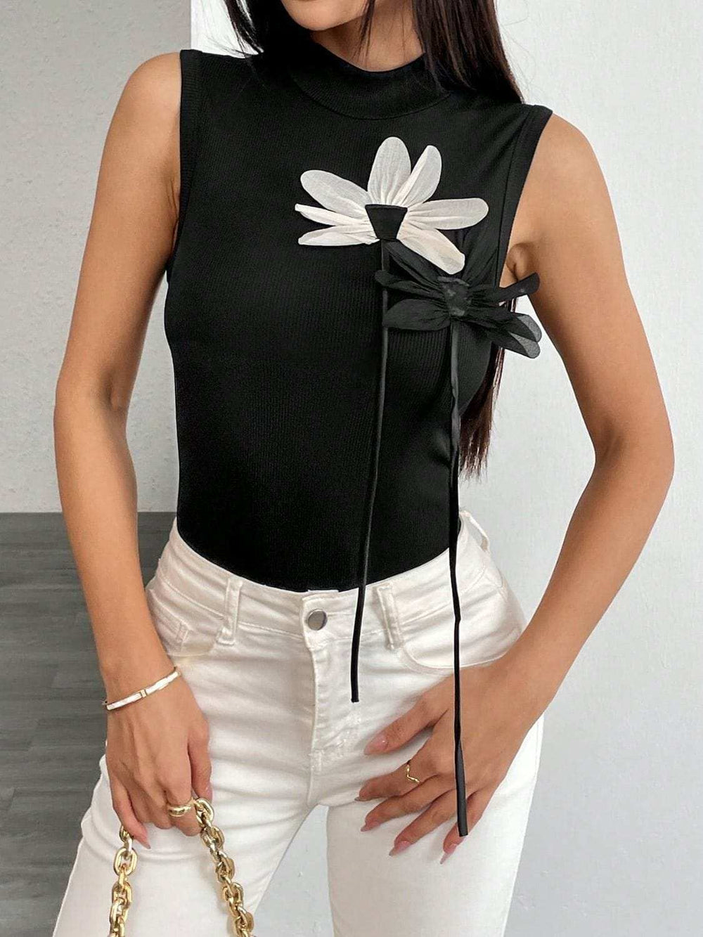 Flower Mock Neck Tank - Trendsi - Flyclothing LLC
