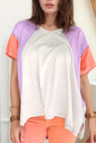 Color Block Patchwork V Neck Exposed Seam High Low T Shirt - Trendsi