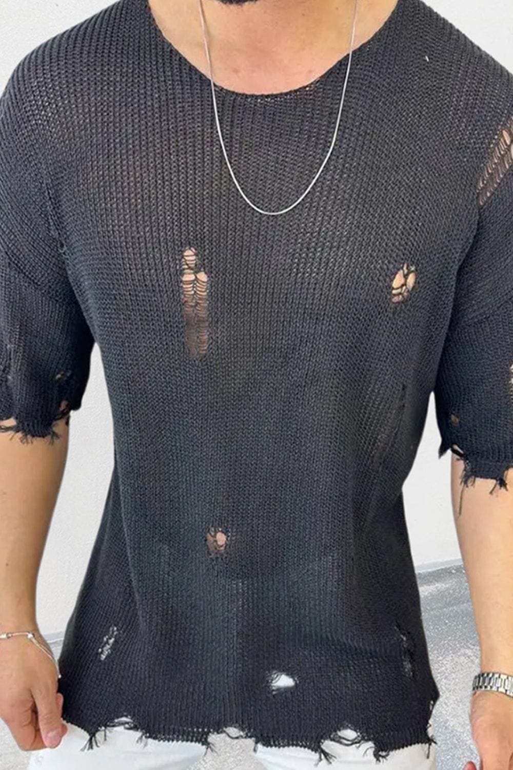 Men's Distressed Round Neck Knit Top - Trendsi