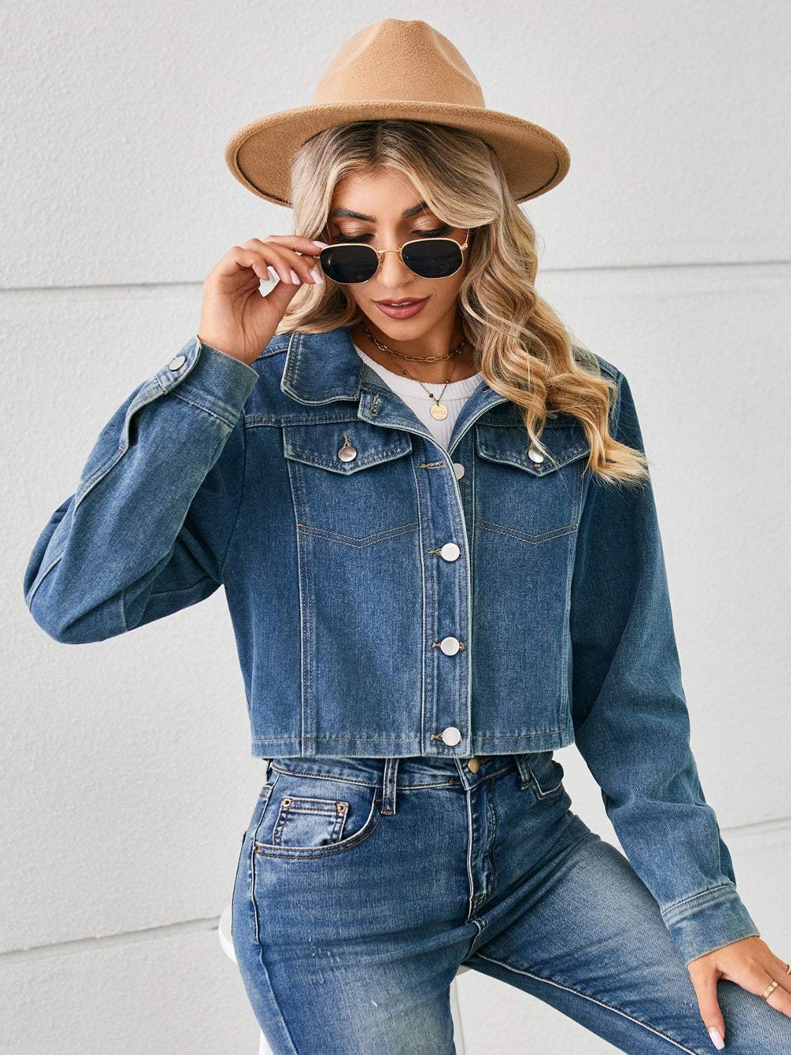 Button Up Long Sleeve Denim Jacket - Trendsi - Flyclothing LLC