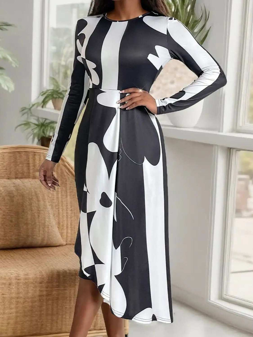 Asymmetrical Slit Round Neck Long Sleeve Midi Dress - Trendsi - Flyclothing LLC