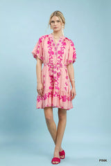 Umgee Floral Tie-Waist Boho Mini Dress - Trendsi - Flyclothing LLC