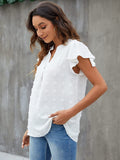 Swiss Dot Notched Flutter Sleeve Blouse - Trendsi