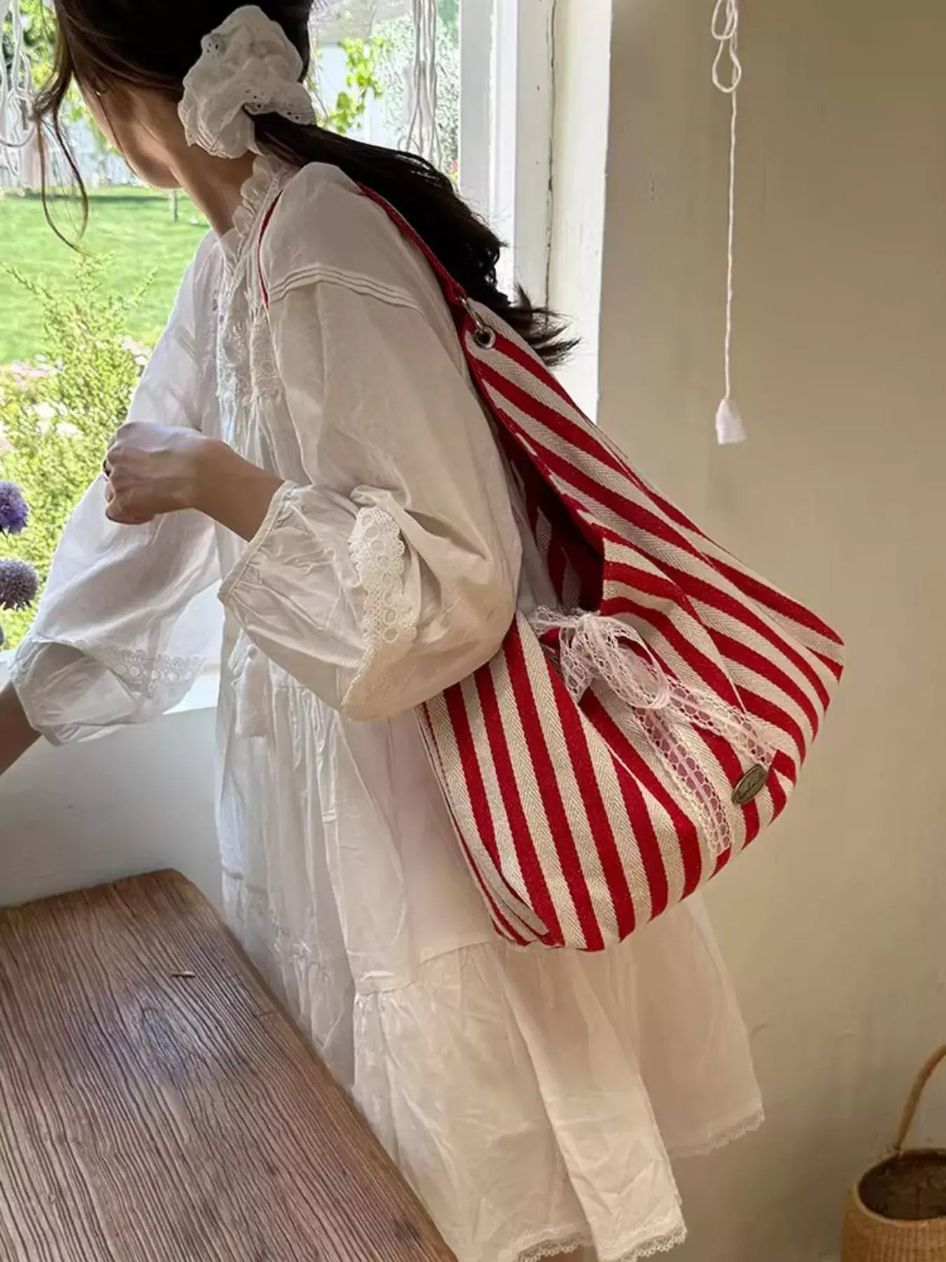 Striped Canvas Tote Bag - Trendsi - Flyclothing LLC