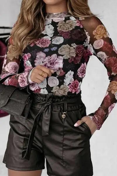 Floral Mock Neck Long Sleeve Mesh Top - Trendsi