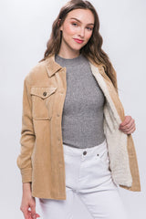 Love Tree Corduroy Button Up Jacket with Sherpa Inside - Trendsi