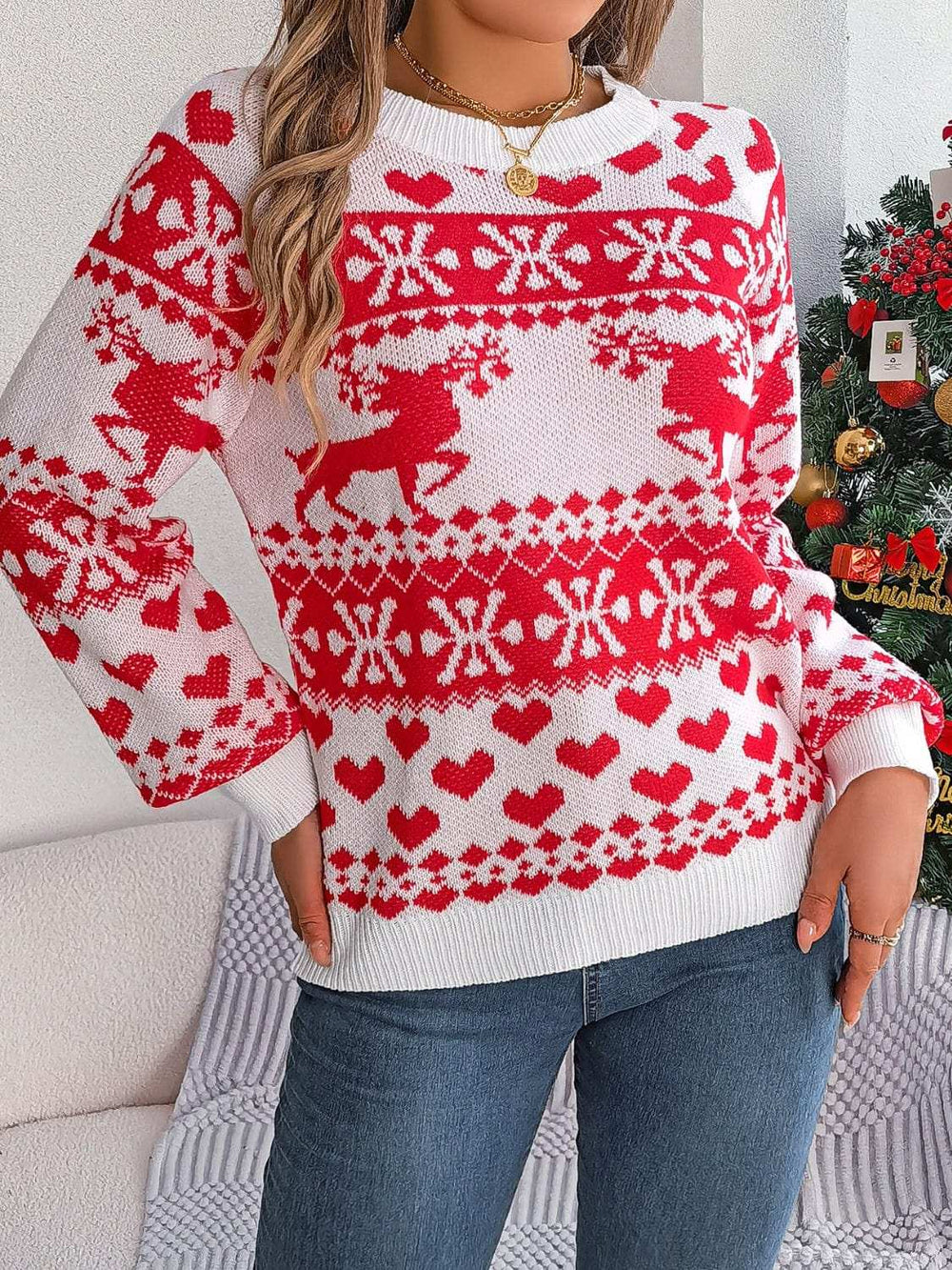 Christmas Element Round Neck Long Sleeve Sweater - Trendsi - Flyclothing LLC