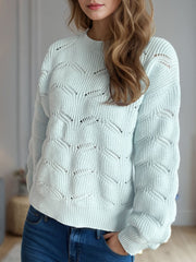 Openwork Round Neck Dropped Shoulder Sweater - Trendsi