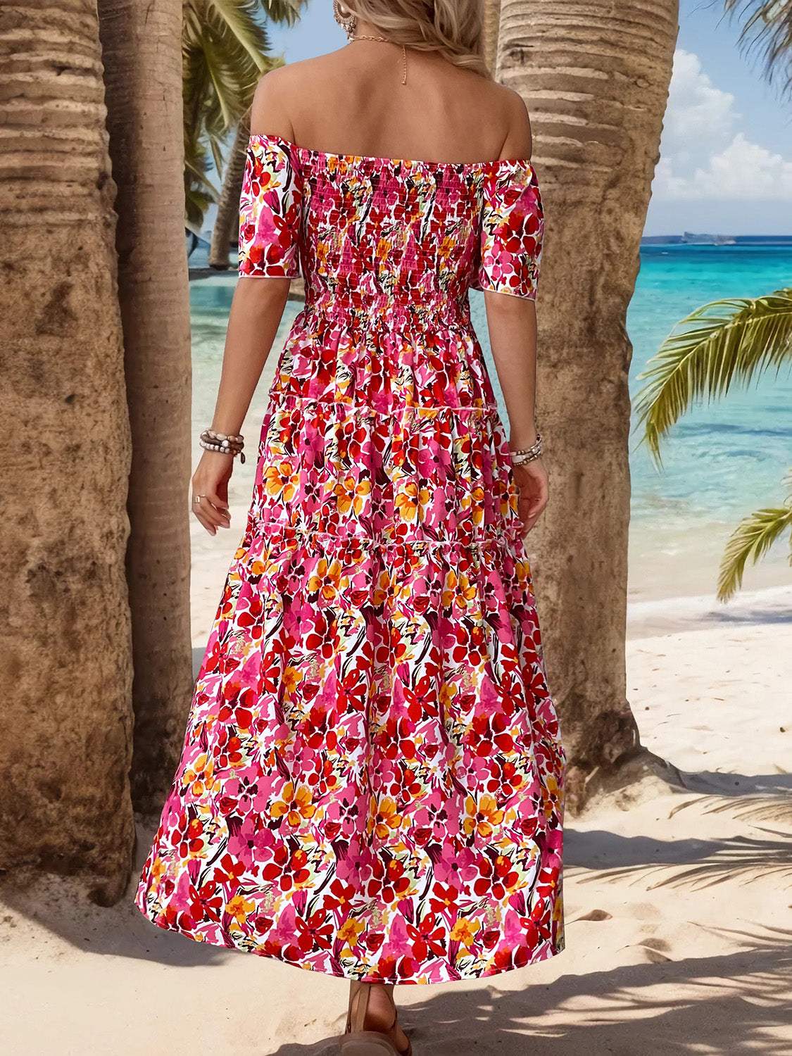 Slit Floral Off-Shoulder Short Sleeve Dress - Trendsi - Flyclothing LLC