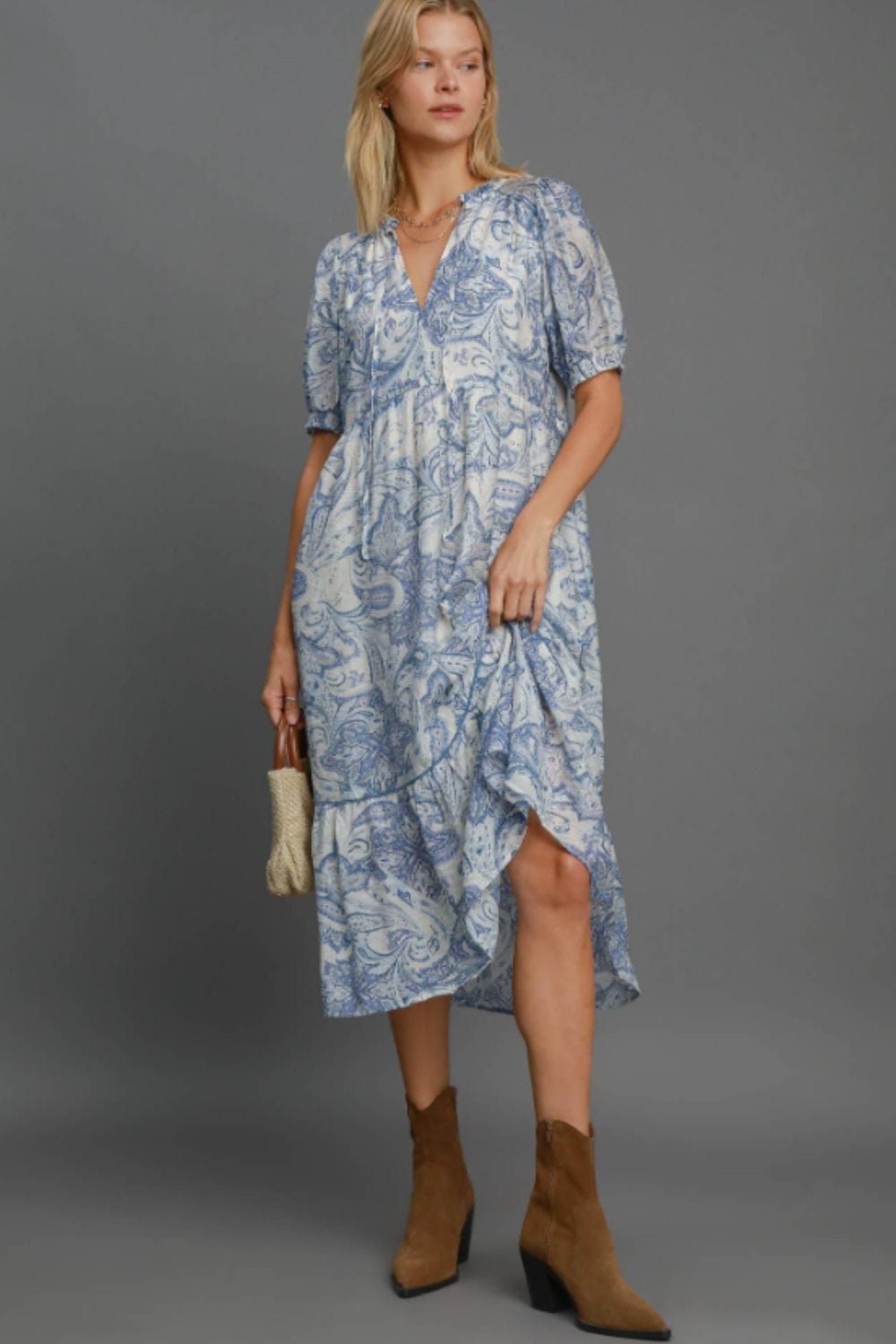 Umgee Full Size Printed Puff Short Sleeve Midi Dress Plus Size - Trendsi