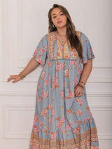 Plus Size Printed Tie Neck Flutter Sleeve Maxi Dress - Trendsi - Flyclothing LLC