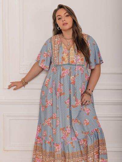 Plus Size Printed Tie Neck Flutter Sleeve Maxi Dress - Trendsi - Flyclothing LLC