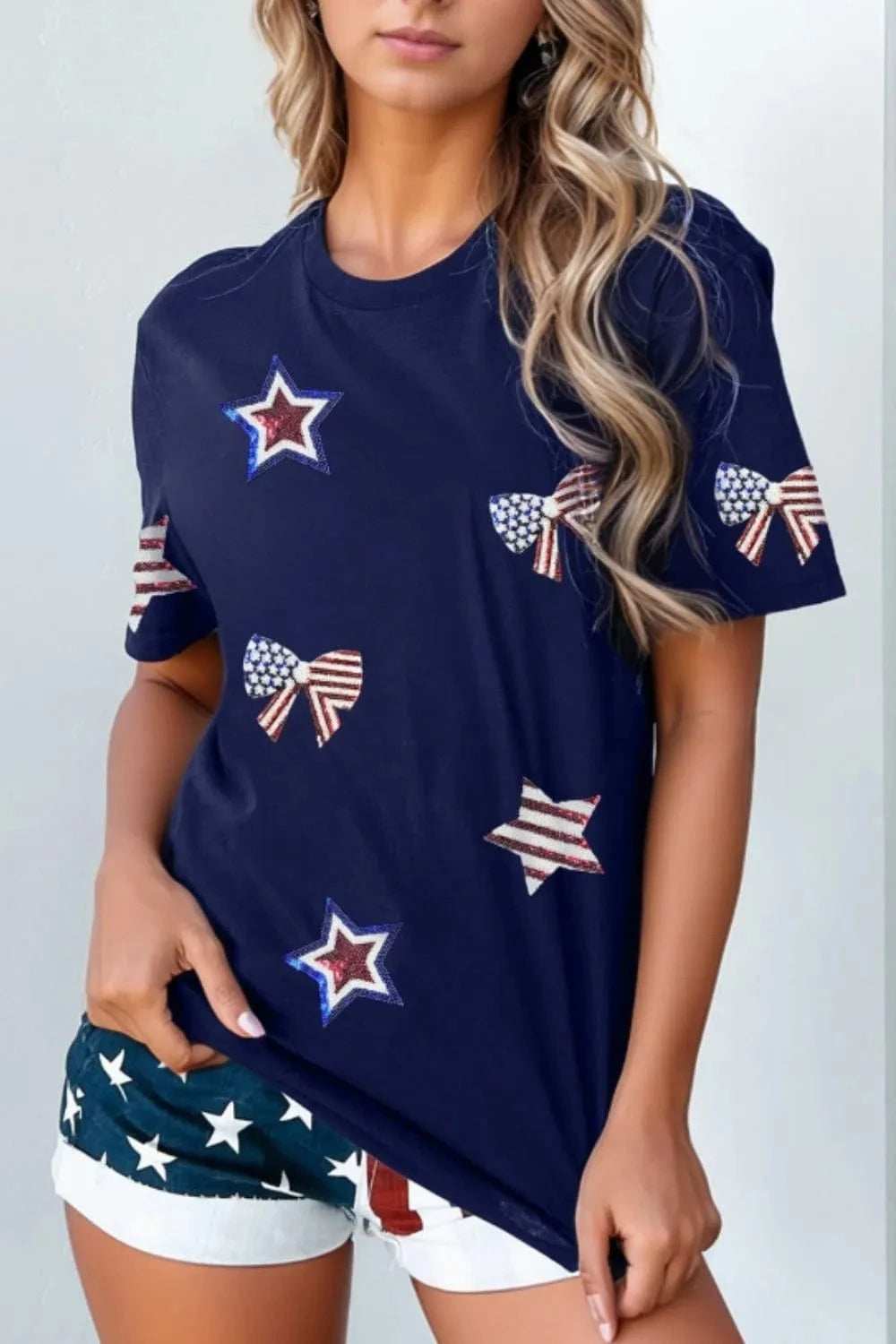 Sequin Star Round Neck Short Sleeve T-Shirt - Trendsi - Flyclothing LLC